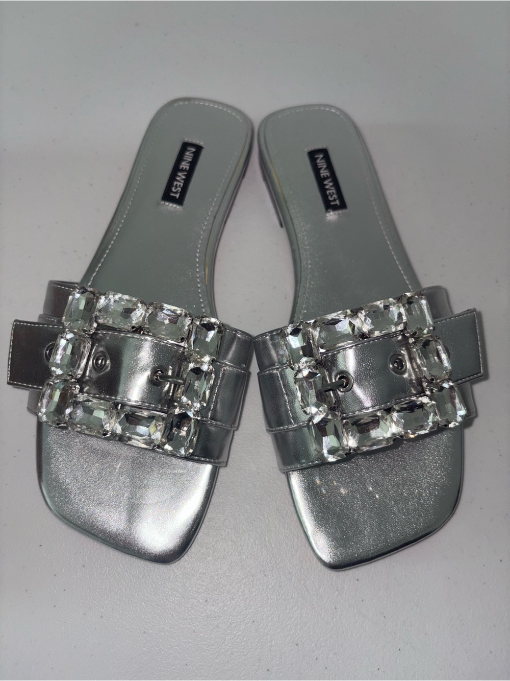 Nine West Metallic Silver Jewel-Buckle Slide Sandals